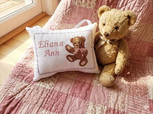 Personalized Embroidered Music Box Pillow -- MUSICAL Keepsake -- Classic Teddy Bear with Bow
