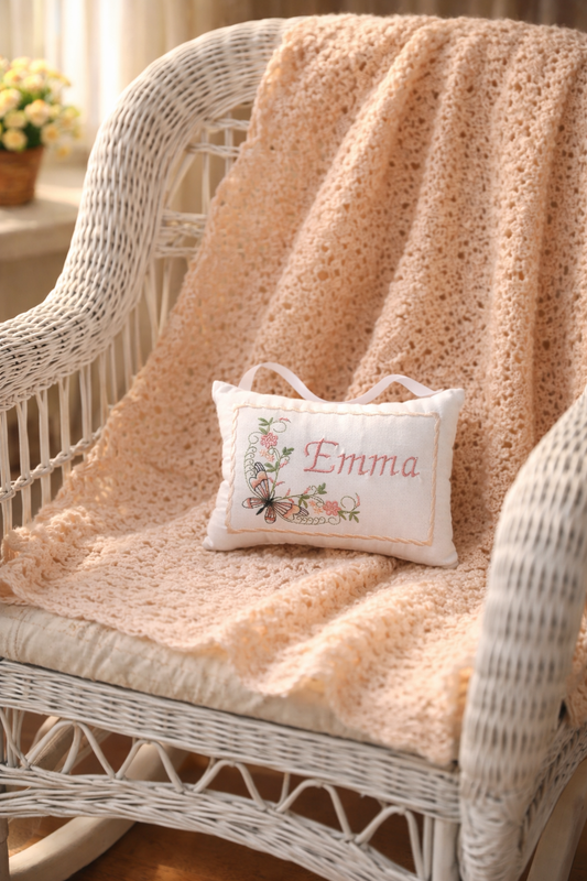 White wicker chair with a pink textured throw blanket and a music box pillow with 'Emma' embroidered on it.
