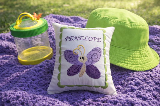 Personalized Music Box Pillow -- Embroidered MUSICAL Keepsake -- Flutterby -- Butterfly