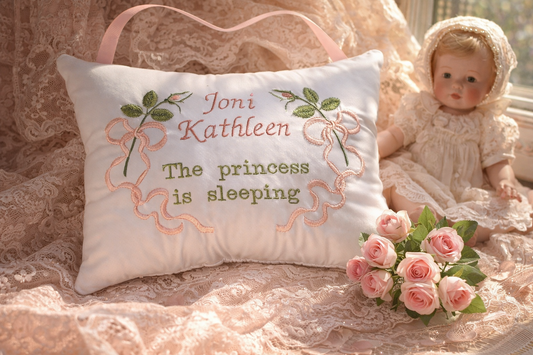 Personalized Music Box Pillow -- Embroidered MUSICAL Baby Keepsake -- Ribbons & Roses