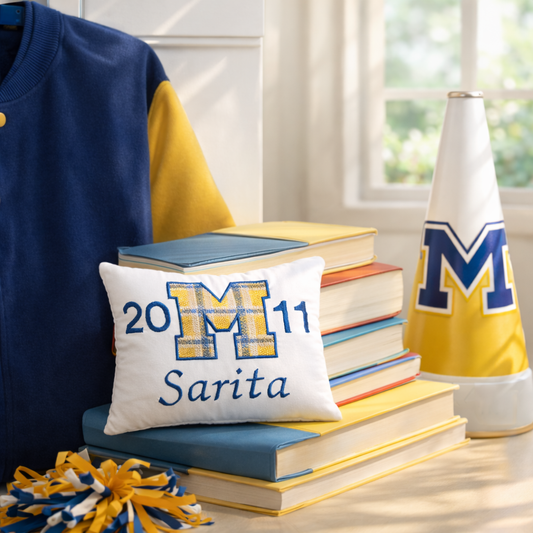 Personalized Music Box Pillow -- Embroidered MUSICAL Keepsake -- Plaid Collegiate Letter -- Seniors, Graduates, Sports, Music, Team Spirit