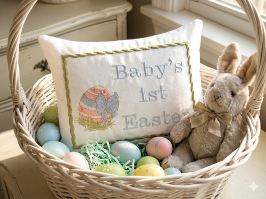 Personalized Embroidered Music Box Pillow -- MUSICAL Baby Keepsake -- Easter Egg with Bow