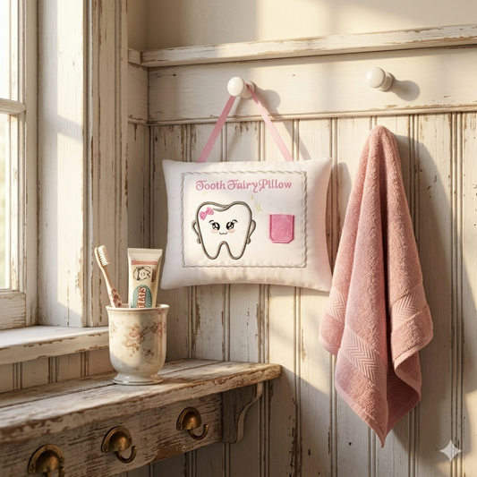 Musical Tooth fairy pillow with cartoon tooth design on a wooden shelf with a towel and cup.
