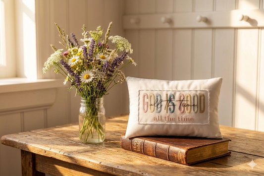 Music Box pillow with 'God is Good all the Time' text on a wooden table with flowers and a book.