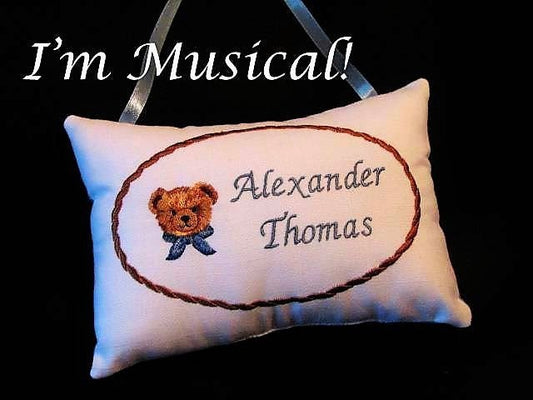 Tiny Teddy Head with Bow Music Box Pillow -- Personalized Embroidered MUSICAL Baby Keepsake