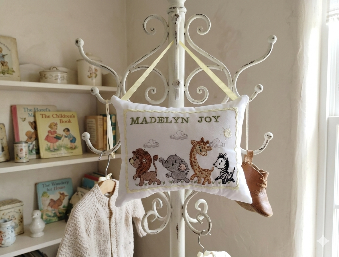 Decorative music box pillow with embroidered jungle safari animals  on a white stand in a room with books and a shelf.