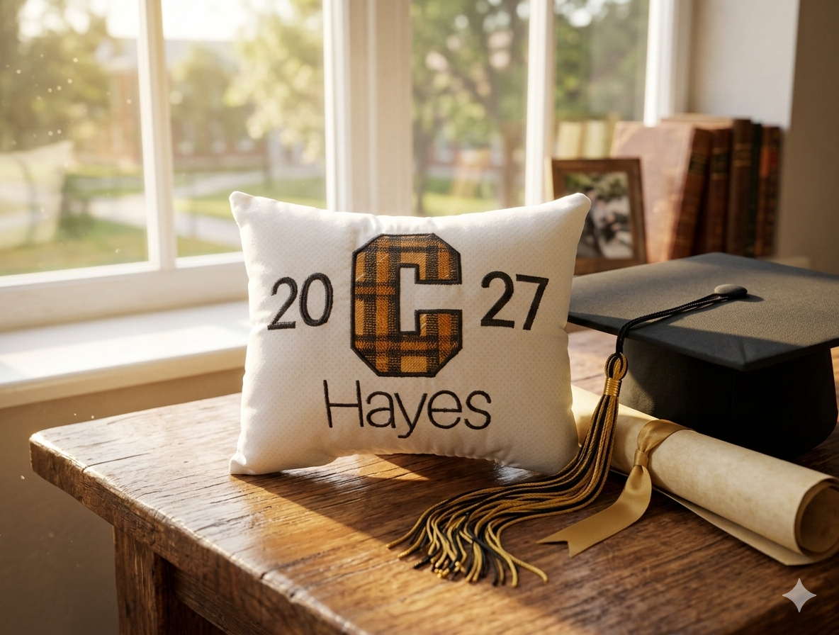 Personalized Music Box Pillow -- Embroidered MUSICAL Keepsake -- Plaid Collegiate Letter -- Seniors, Graduates, Sports, Music, Team Spirit