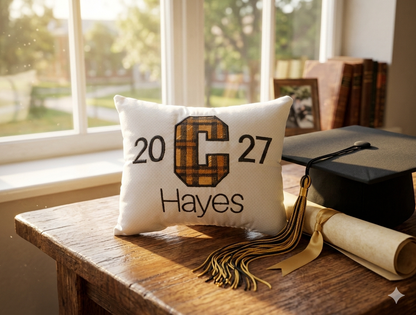 Personalized Music Box Pillow -- Embroidered MUSICAL Keepsake -- Plaid Collegiate Letter -- Seniors, Graduates, Sports, Music, Team Spirit