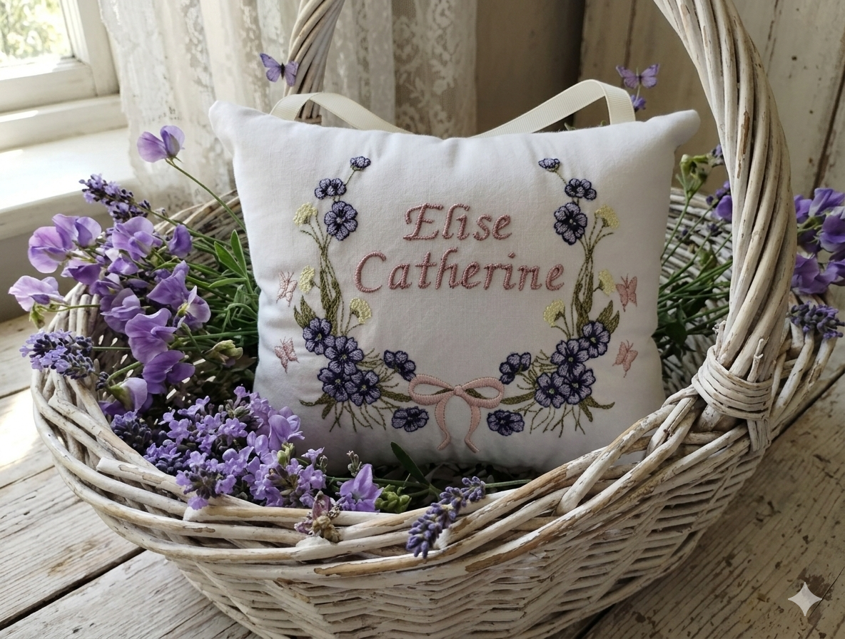 Decorative music box pillow with embroidered name 'Elise Catherine' surrounded by purple flowers in a woven basket.