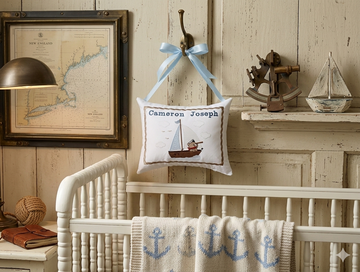 Nursery with a crib, decorative music box pillow, and nautical-themed decor.
