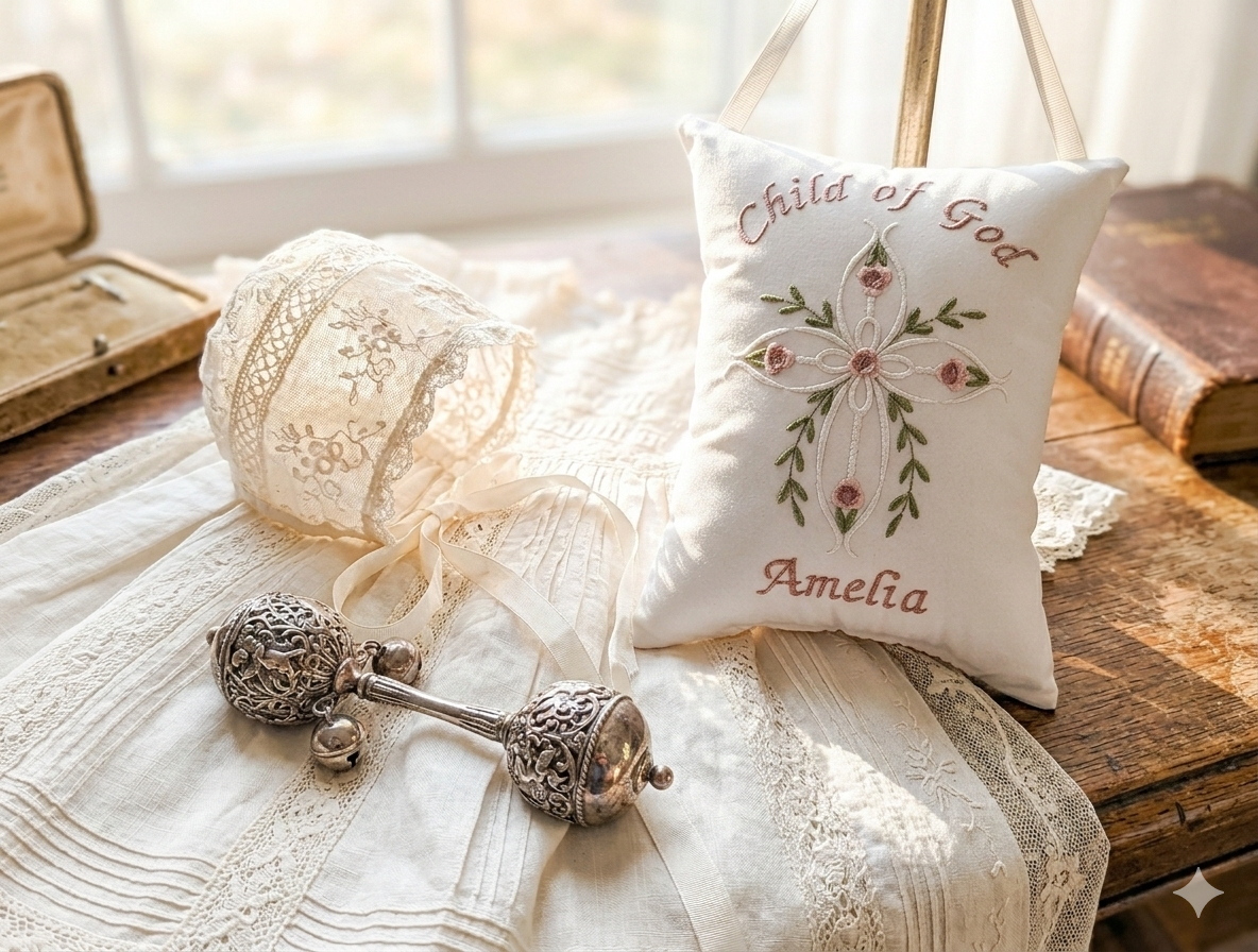 Decorative music box pillow with embroidery and a silver baby rattle on a textured surface.