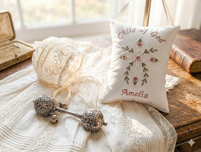 Decorative music box pillow with embroidery and a silver baby rattle on a textured surface.