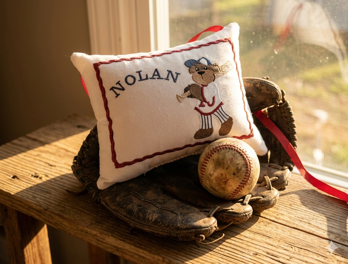 Personalized music box pillow with teddy bear design and 'Nolan' text, placed on a wooden surface with a baseball and glove.