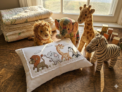 Children's room with stuffed animals and a music box pillow featuring embroidered jungle saffari animal designs.