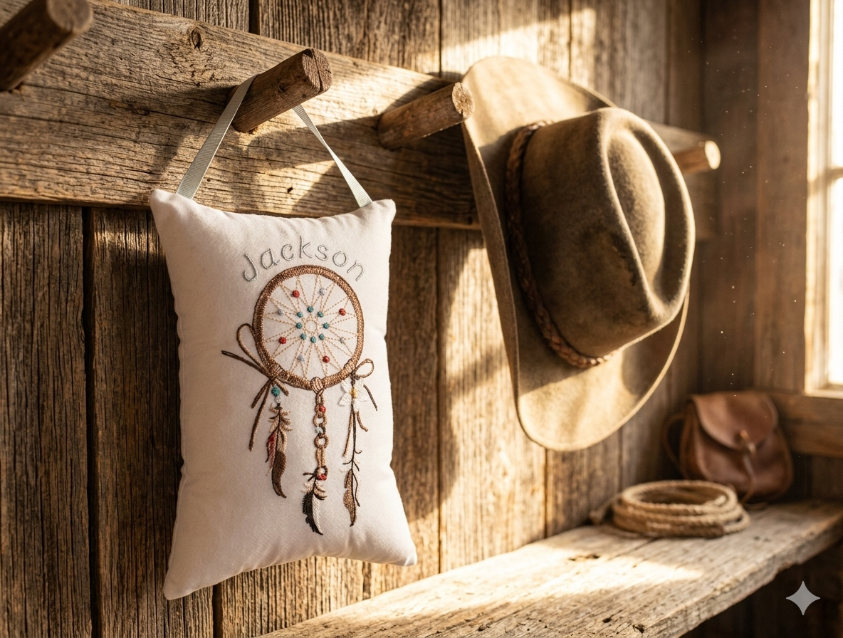 Decorative music box pillow with 'Jackson' and dreamcatcher design hanging on a wooden wall with a cowboy hat and leather bag.