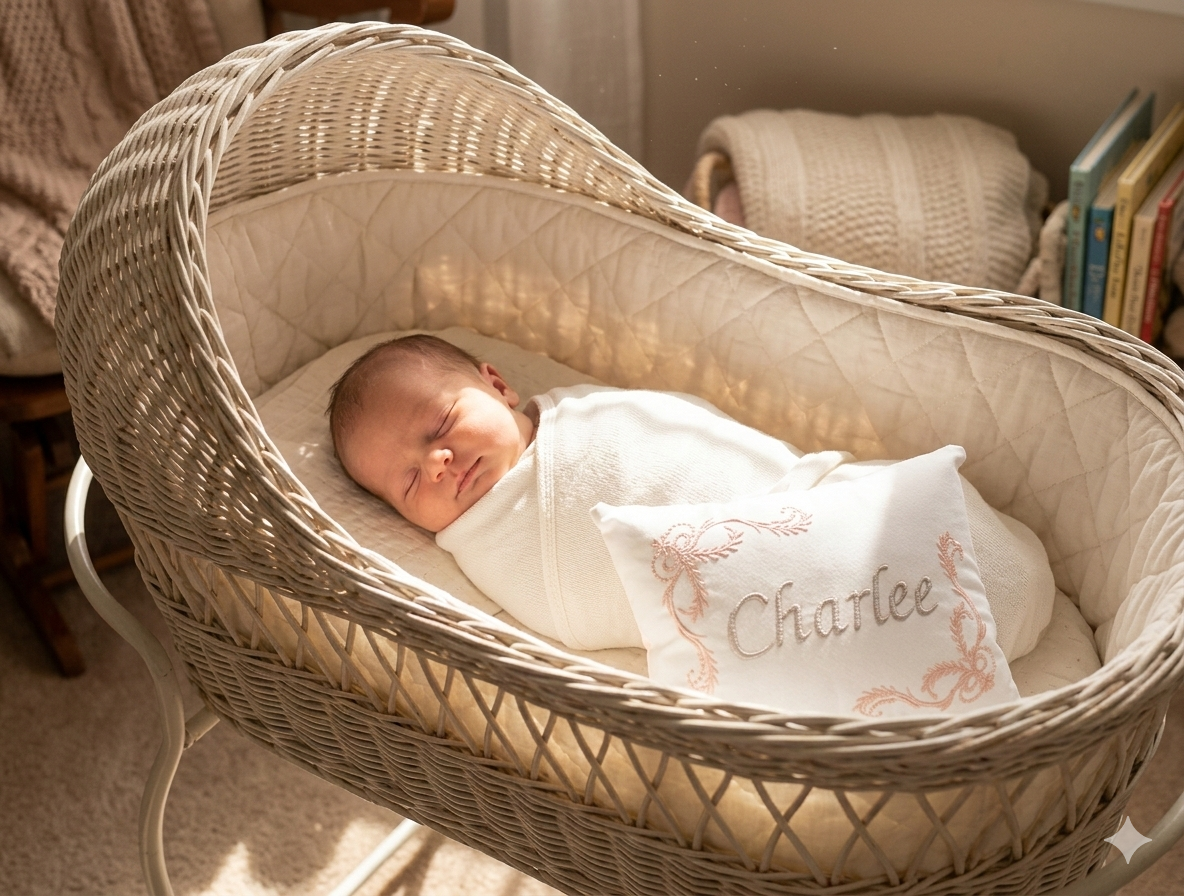 Newborn baby sleeping in a wicker Moses basket with a personalized music box pillow.