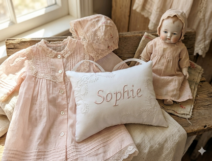 Vintage-style pink dress with matching bonnet, doll, and music box pillow with 'Sophie' embroidery on a wooden surface.