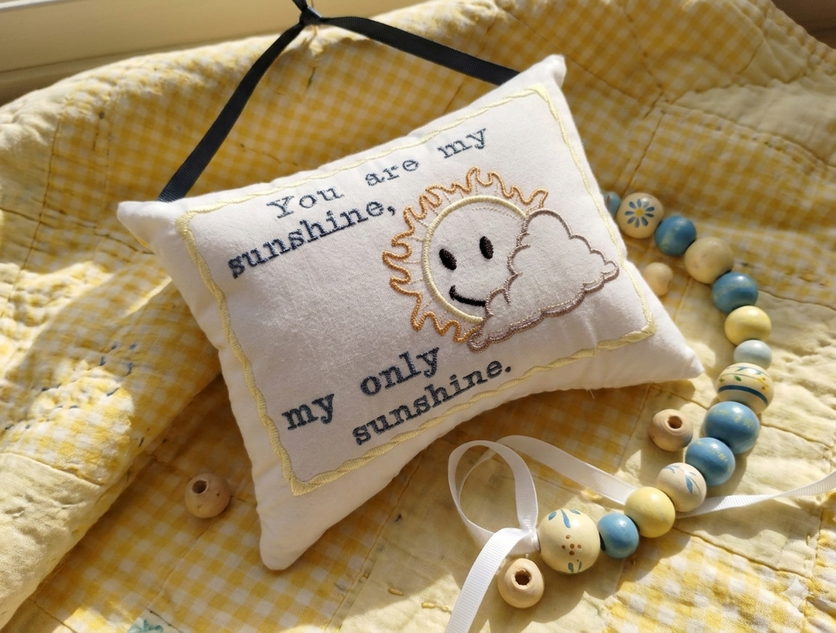 Decorative music box pillow with sun and cloud design and text on a yellow textured surface.
