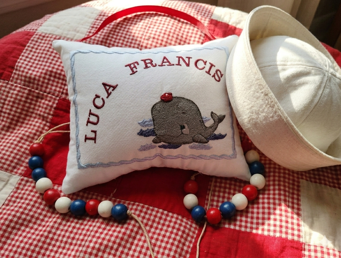 Decorative music box pillow with embroidered text and whale design on a red checkered fabric background.