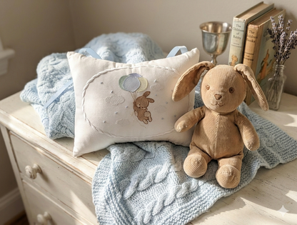 Baby items including a plush toy, music box pillow, and blanket on a dresser.