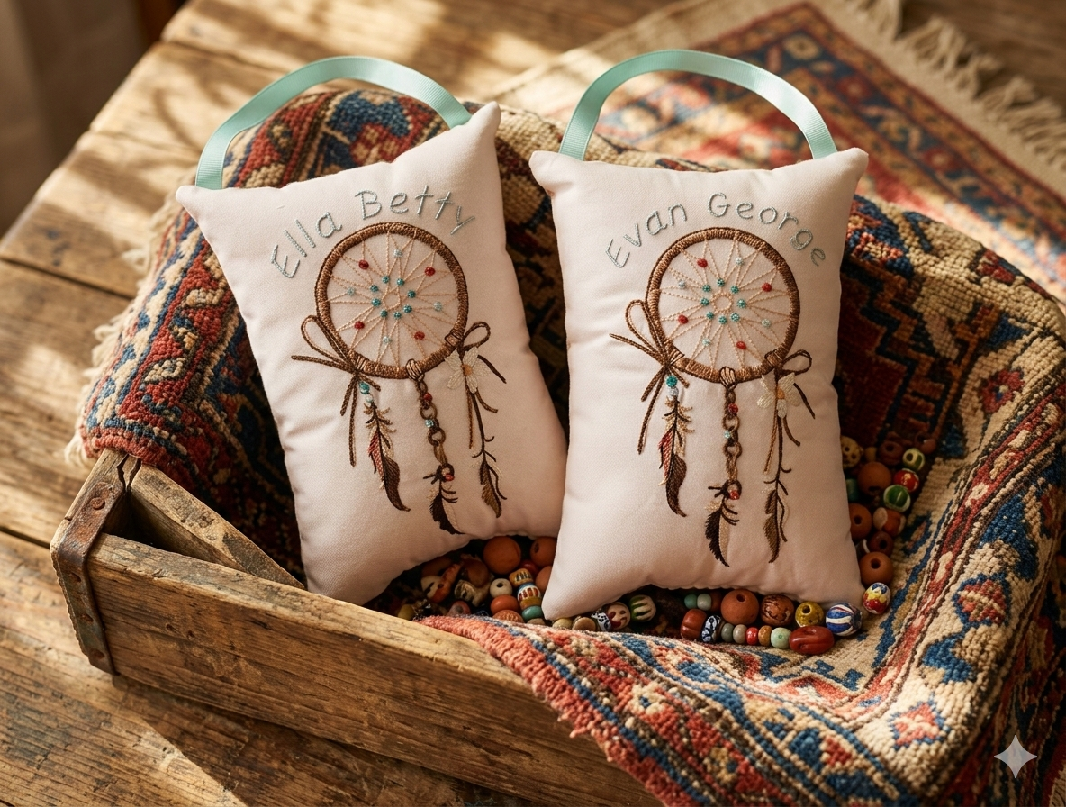 Two embroidered music box pillows with dreamcatcher designs on a patterned rug.
