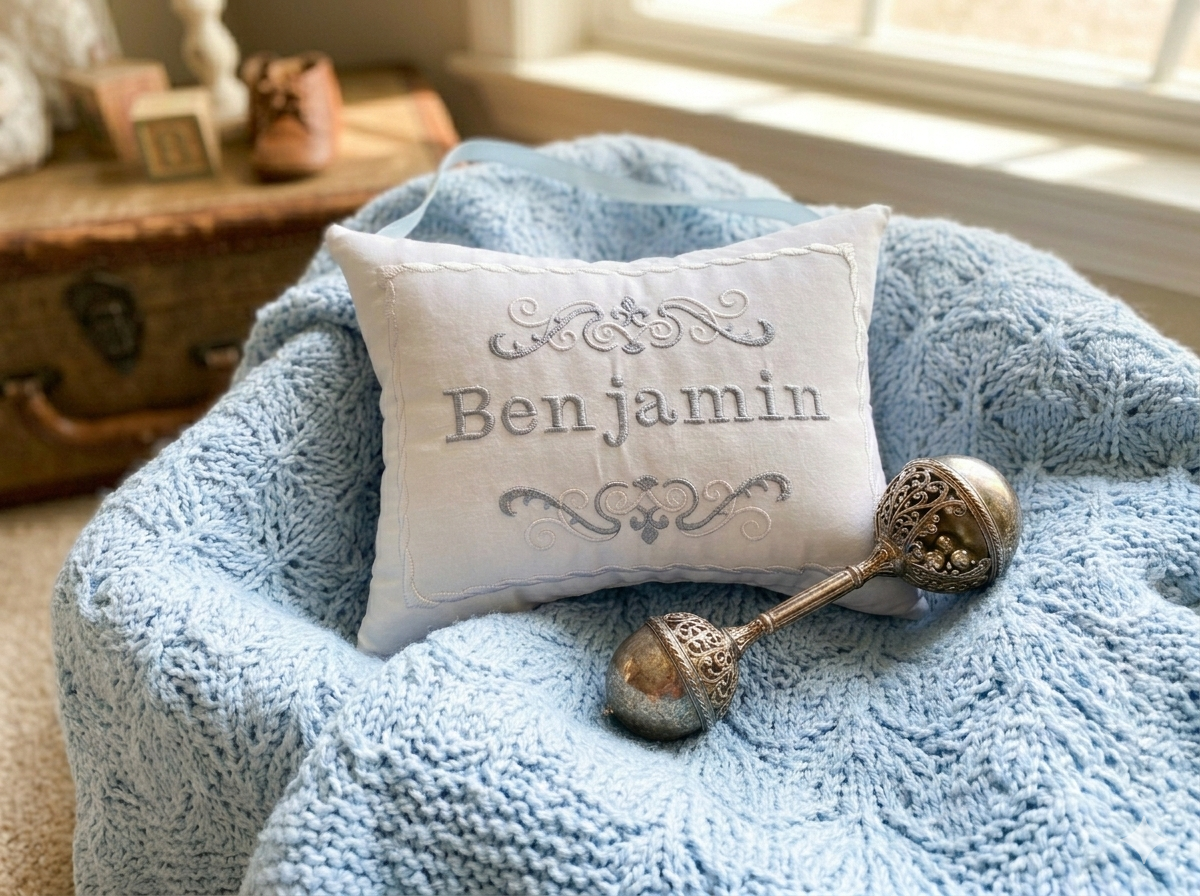 Decorative music box pillow with 'Benjamin' embroidery on a textured surface