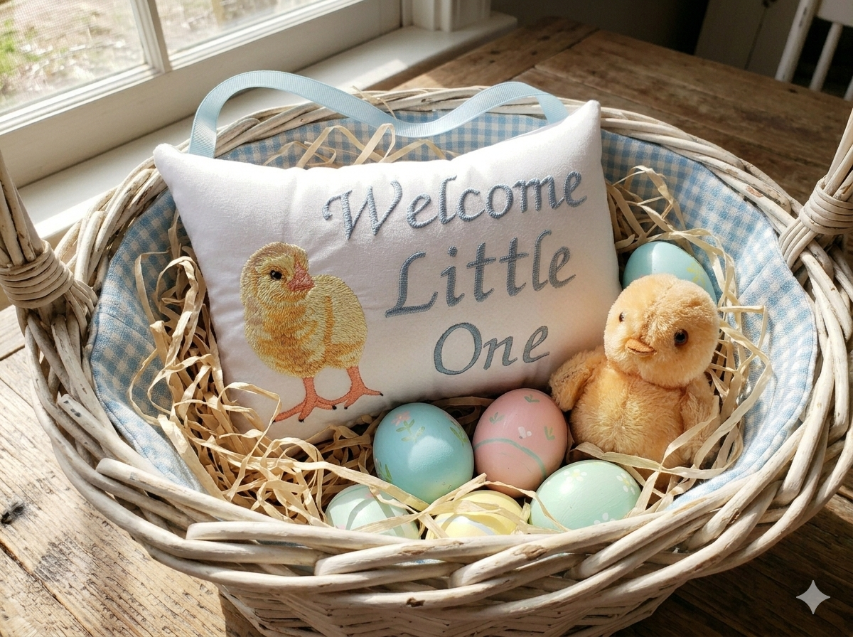 Decorative basket with a 'Welcome Little One' music box pillow, Easter eggs, and a plush chick.
