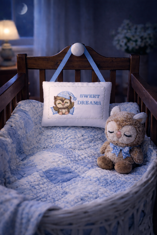 Crib with a plush owl toy and embroidered music box pillow with 'Sweet Dreams' text in a nursery setting.