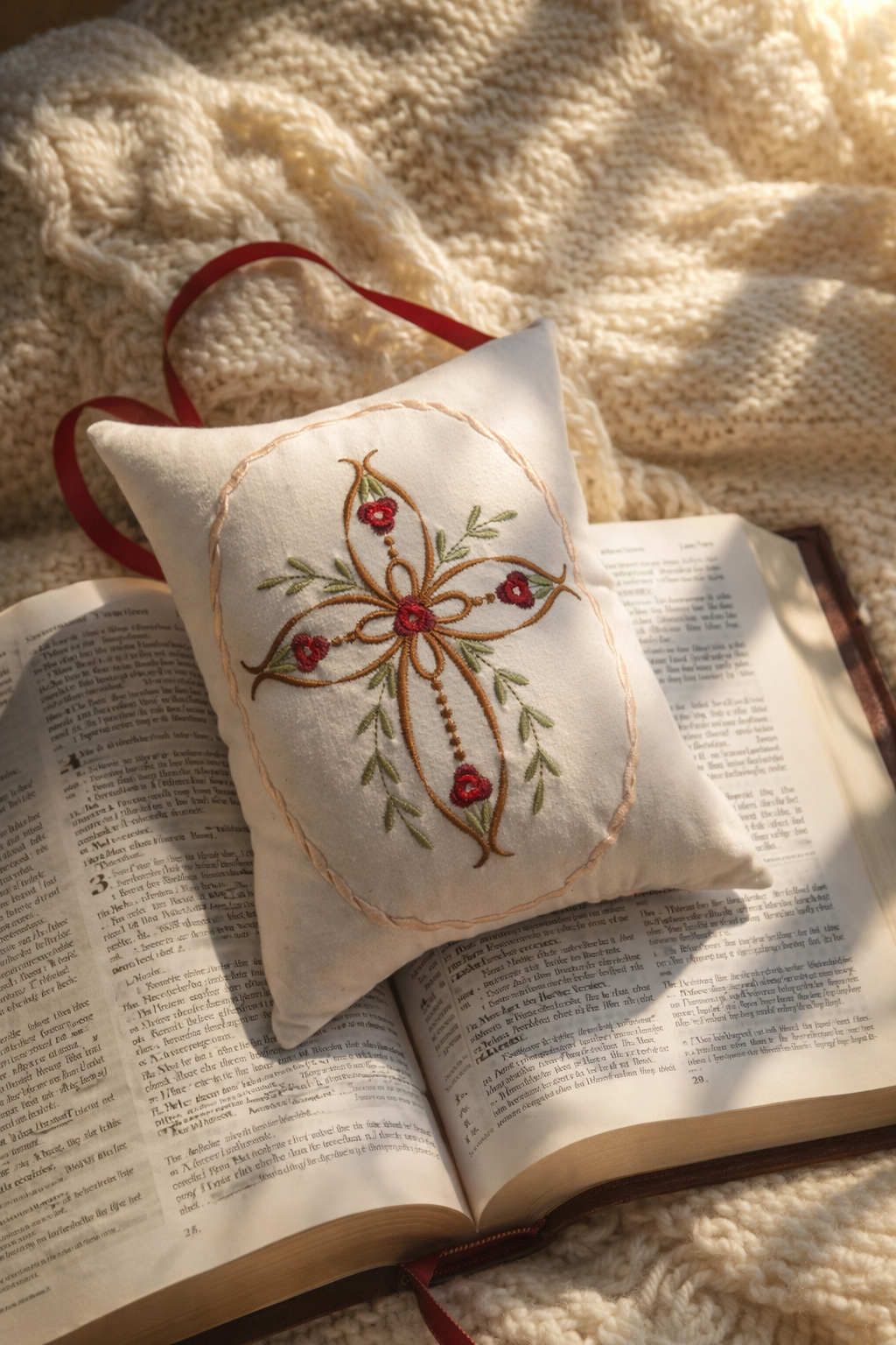 Decorative music box pillow with embroidered cross on an open book, surrounded by soft fabric.