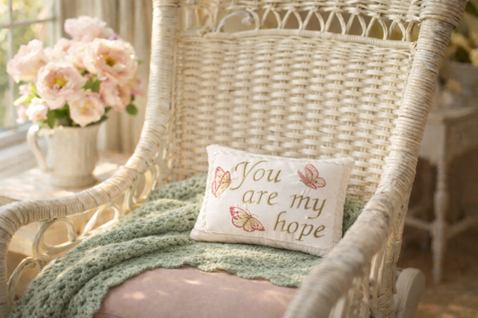 Wicker chair with a music box pillow that says 'You are my hope' and a flower arrangement in the background.