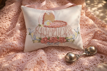 Decorative music box pillow with embroidered design on a pink textured fabric background