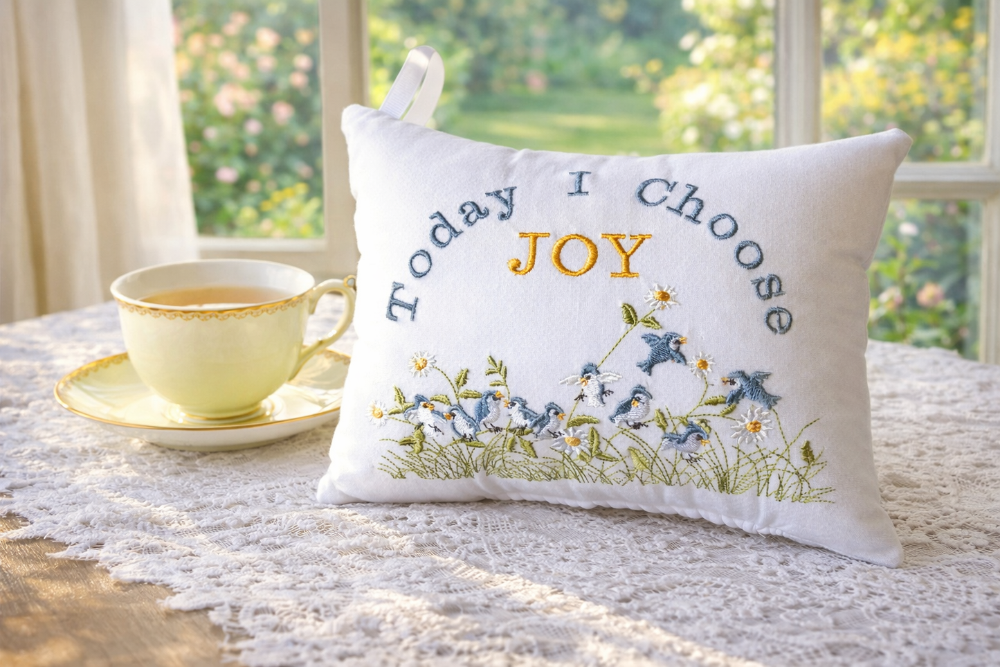 Decorative music box pillow with 'Today I Choose Joy' text on a table with a cup and saucer.