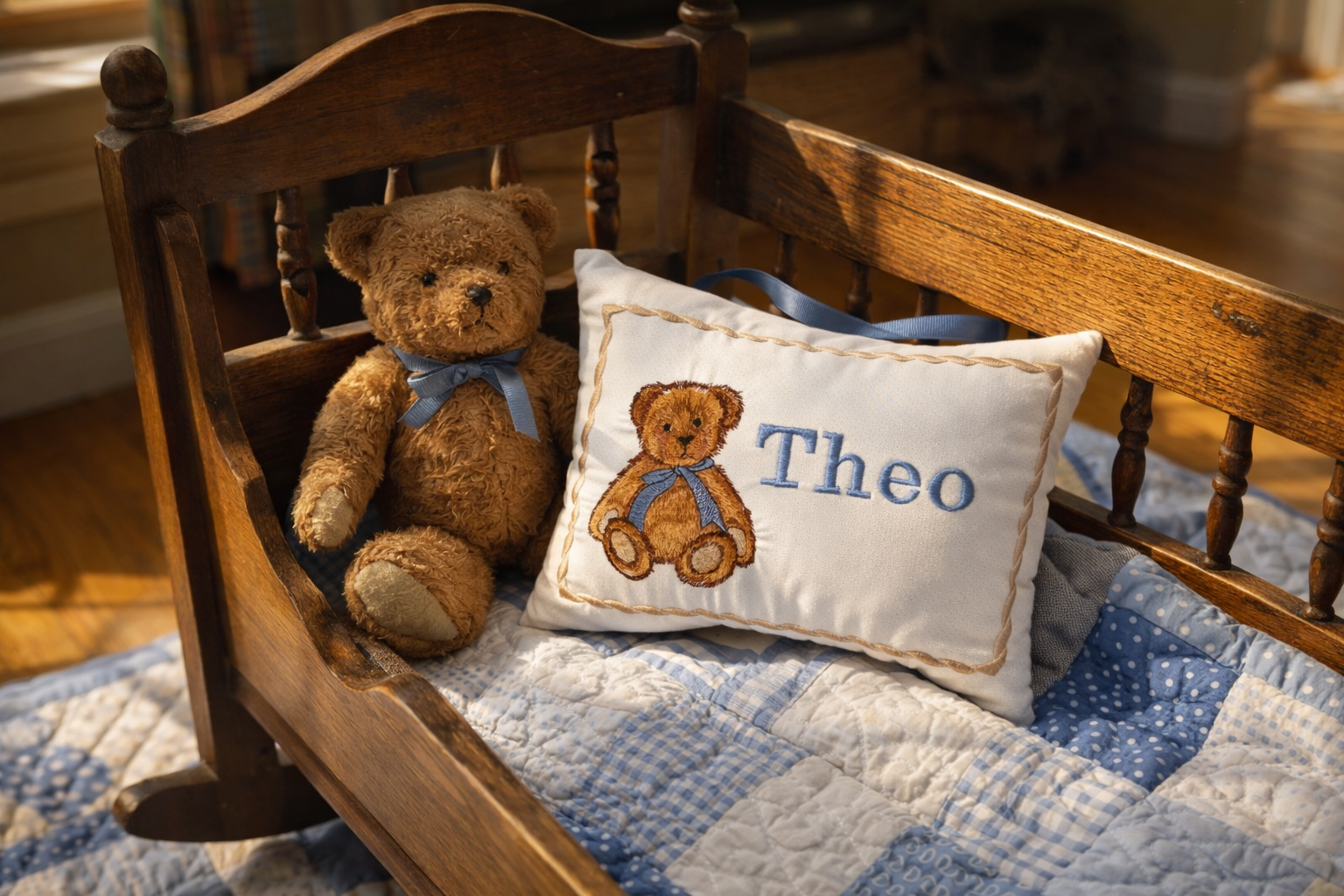 Teddy bear with a music box pillow named 'Theo' on a wooden bed with blue and white checkered bedding.