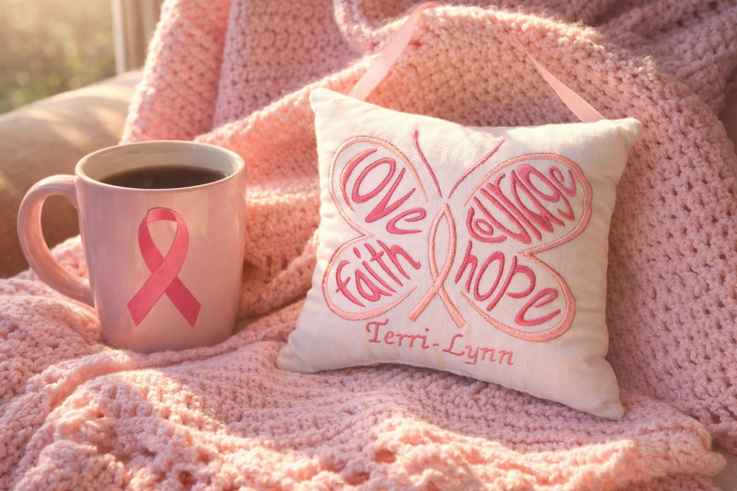 Cup of coffee with a pink ribbon and 'Love Faith Hope' music box pillow on a pink blanket