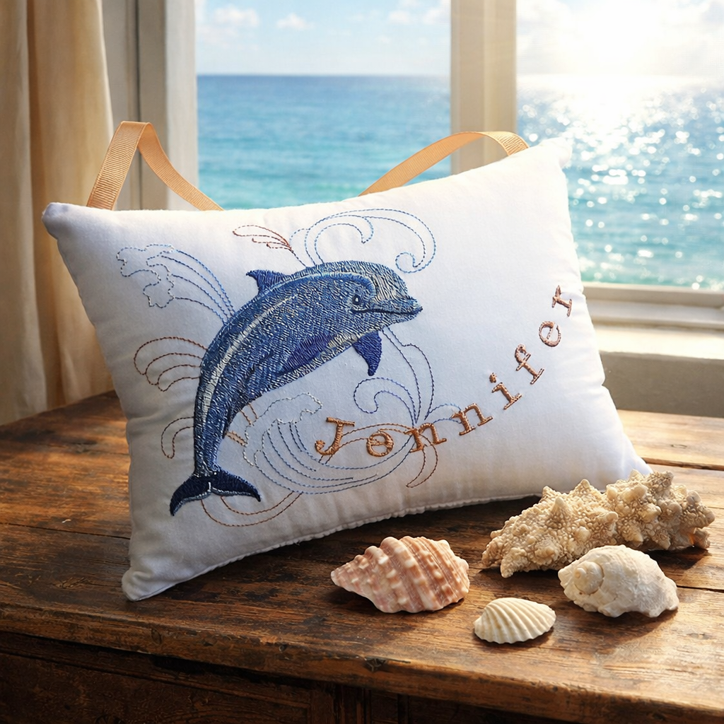Personalized Music Box Pillow -- Embroidered MUSICAL Keepsake -- Dolphin