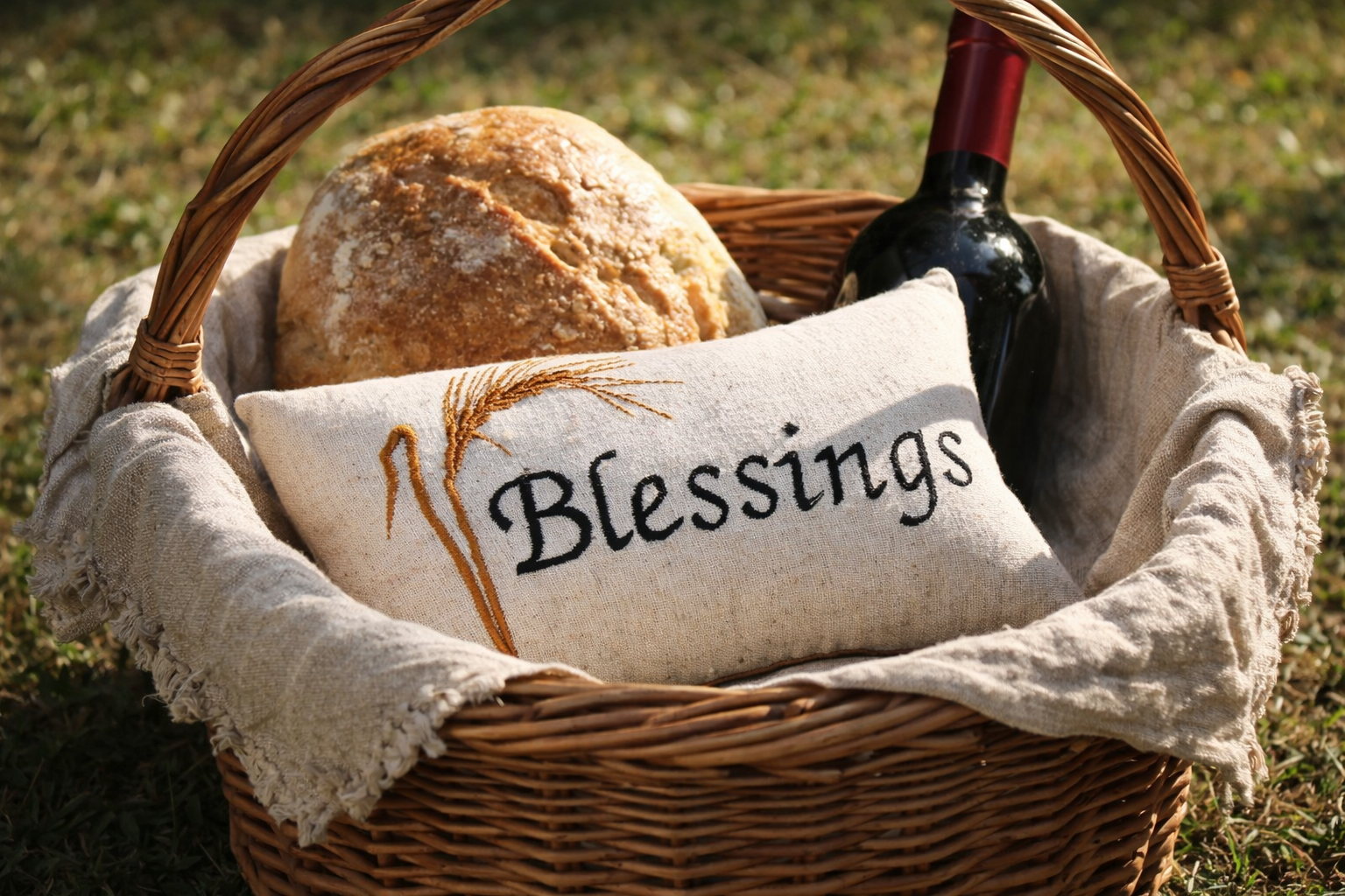 Wicker basket with bread, wine bottle, and 'Blessings' music box pillow on grass