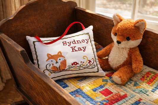 Stuffed fox toy next to a music box pillow with 'Sydney Kay' embroidery on a wooden surface.