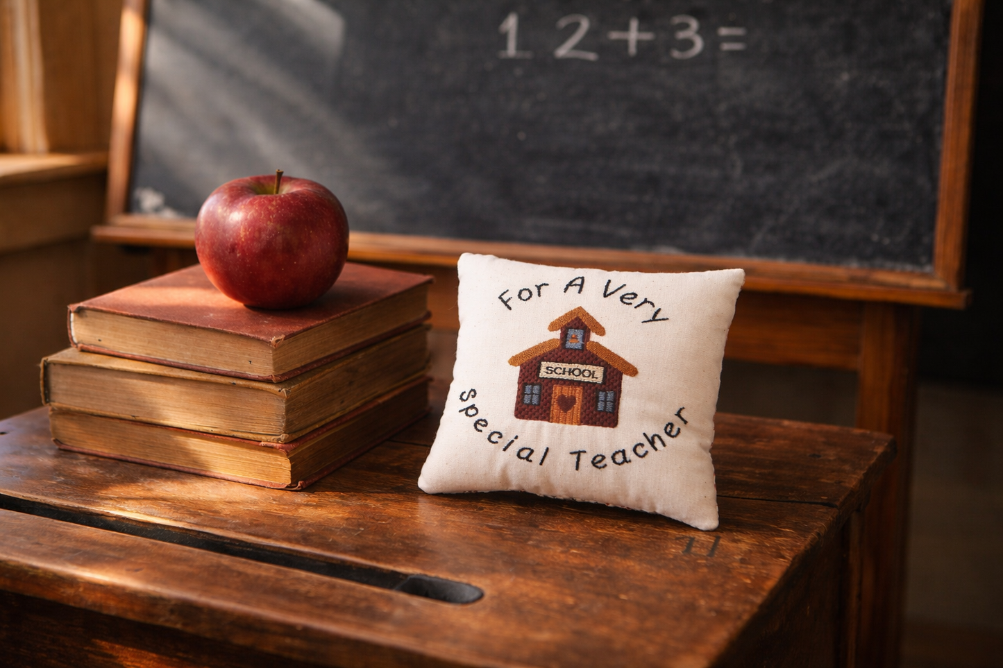 Decorative music box pillow with a schoolhouse design and text on a wooden desk with books and an apple, in front of a chalkboard.
