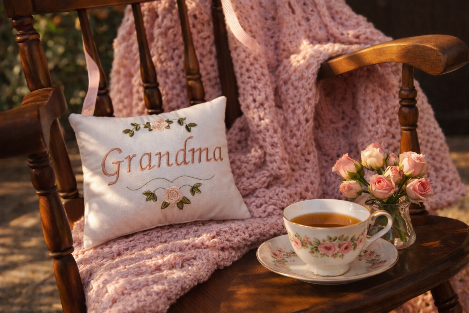 Chair with a 'Grandma' music box pillow, tea cup, and flowers on a wooden table.