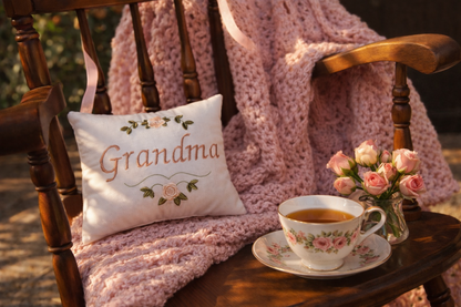 Chair with a 'Grandma' music box pillow, tea cup, and flowers on a wooden table.