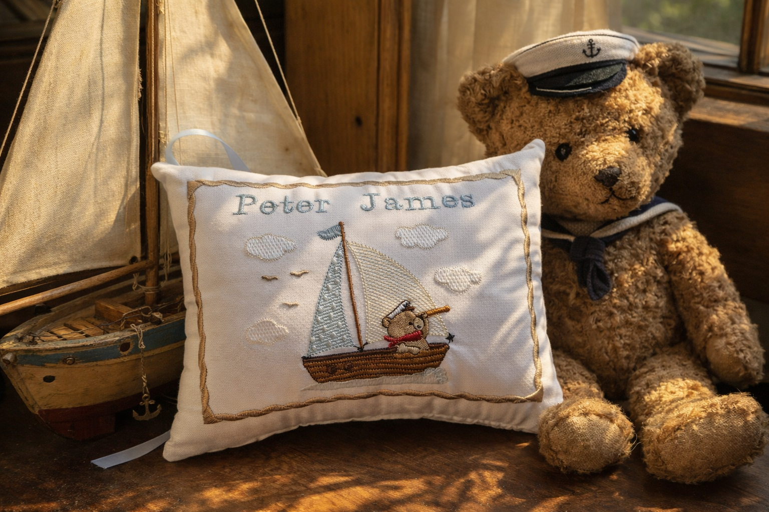 Teddy bear in a sailor outfit with a music box pillow featuring 'Peter James' and a sailboat design, next to a small wooden boat.
