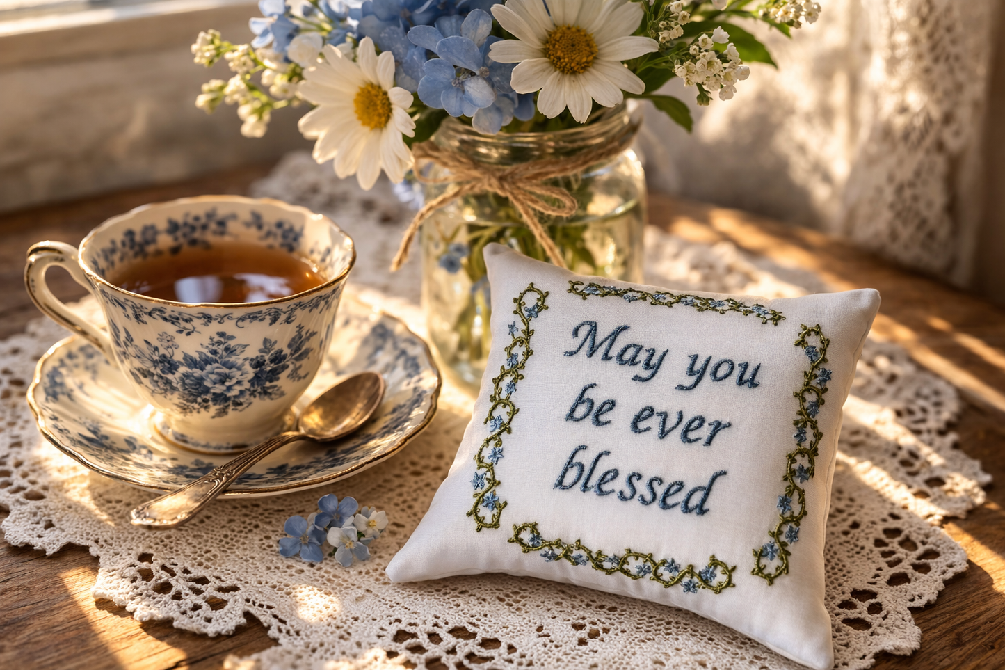 Teacup with flowers and a decorative music box pillow on a lace tablecloth