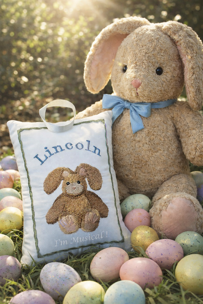 Stuffed bunny with a music box pillow labeled 'Lincoln' surrounded by Easter eggs outdoors.