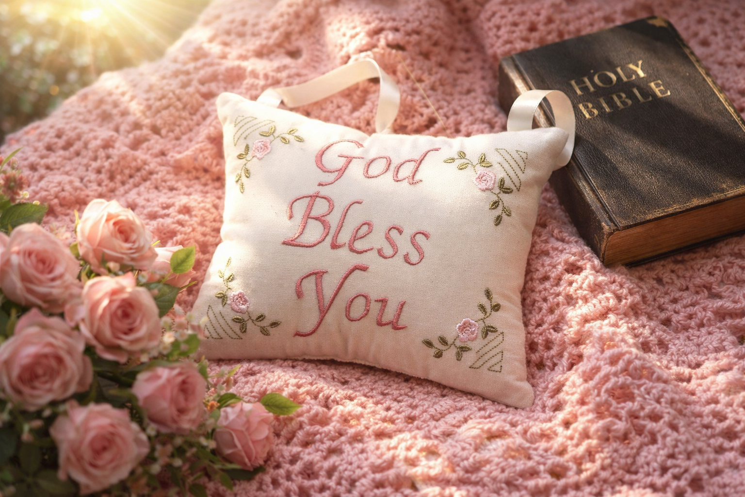 Decorative music box pillow with 'God Bless You' text on a pink blanket with a Bible and flowers.