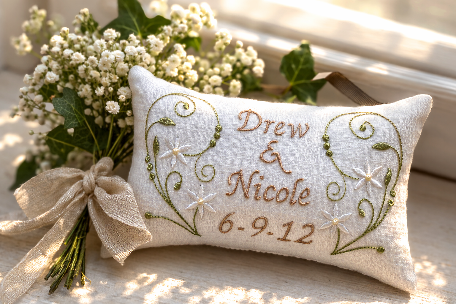 Decorative music box pillow with embroidered names and date, accompanied by a small bouquet of white flowers.