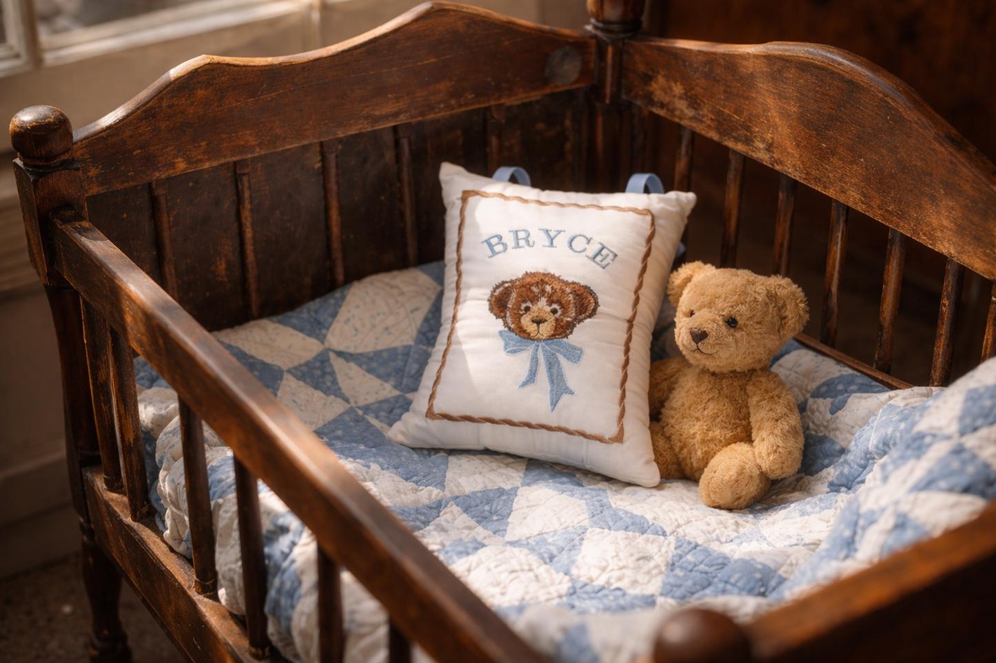 Wooden crib with a teddy bear and personalized music box pillow in a nursery setting