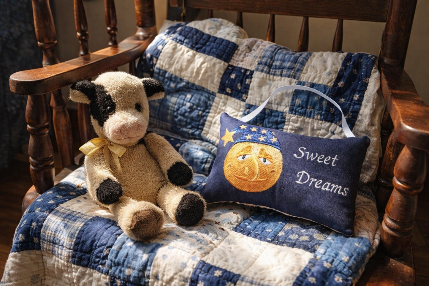 Stuffed cow toy and 'Sweet Dreams' music box pillow on a patchwork quilted chair.