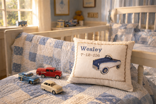 Nursery with crib, decorative music box pillow, and toy cars.