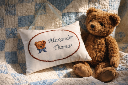 Brown teddy bear sitting next to a music box pillow with embroidered name on a checkered fabric background
