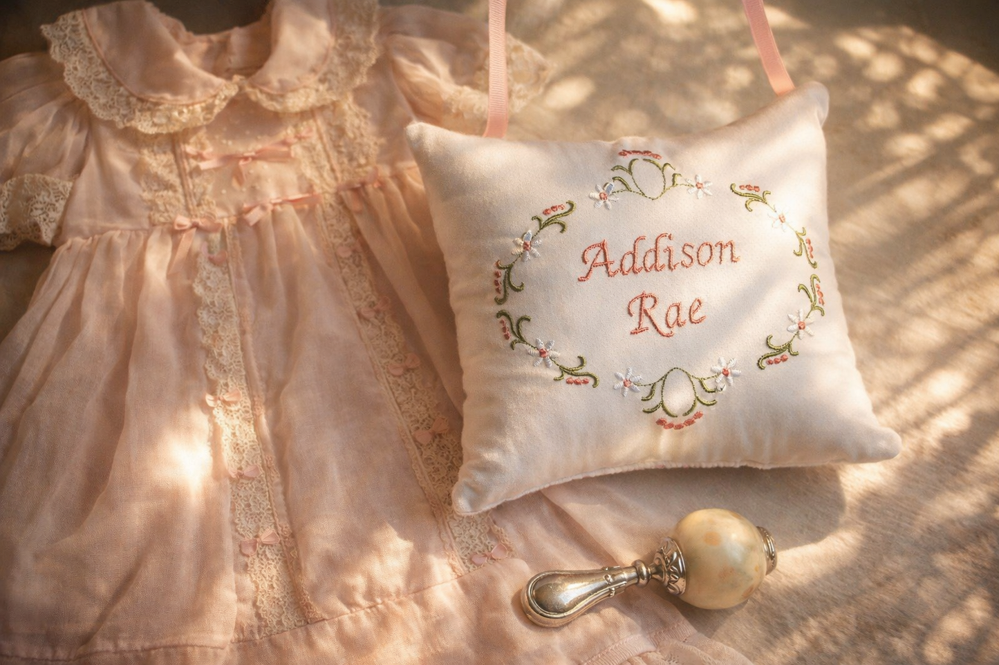 Vintage-style dress with a decorative music box pillow and pearl baby rattle on a textured surface
